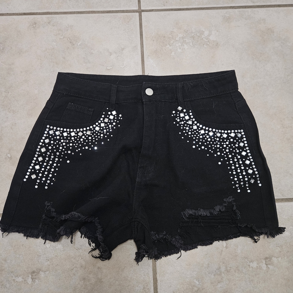 Black Distressed Rhinestone Women Shorts